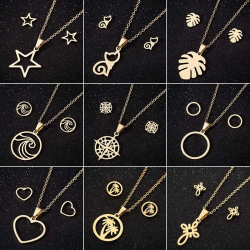 European and American Cross-Border New Small Animal Cat Ear Stud Necklace Set for Men and Women Accessories Small Accessories Foreign Trade Three-Piece Set Wholesale