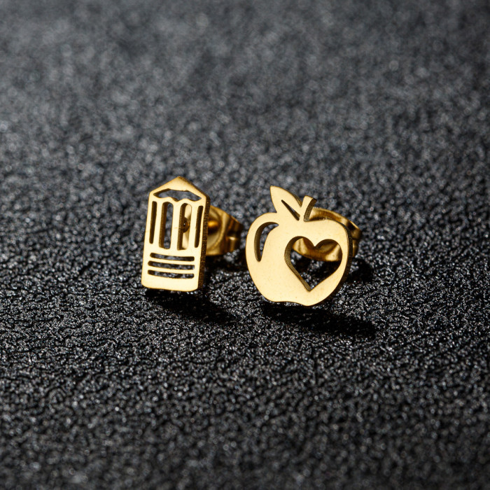 Fashion Personality Asymmetric Pencil Apple Hollow Heart Earrings Ins Style Women Stainless Steel Ear Bone Studs