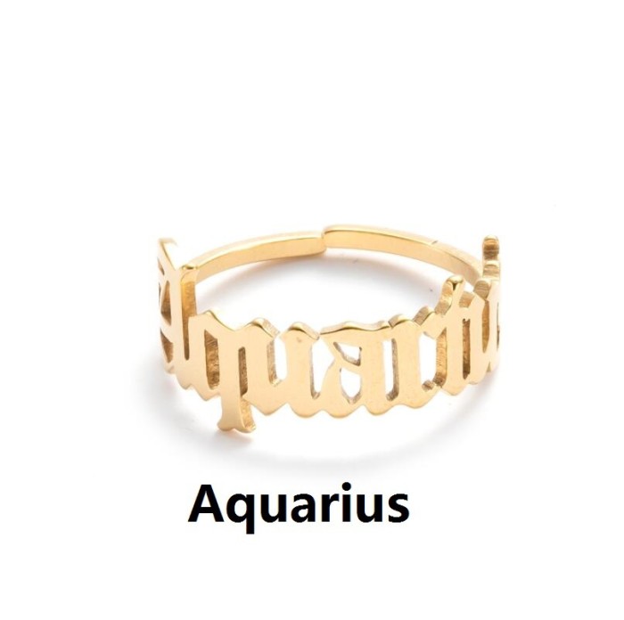Foreign Trade Cross-Border Couple Zodiac Rings for Women, Korean and Japanese Style Stainless Steel Vintage Twelve Zodiac Simple Open Rings, Ins Style