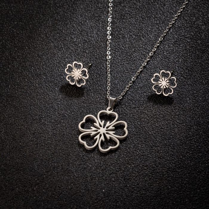 2025 Autumn Winter New Stainless Steel Plant Flower Stamens Palm Leaves Pendant Earrings Three-Piece Set Wholesale