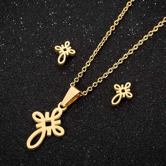 European and American Cross-Border New Small Animal Cat Ear Stud Necklace Set for Men and Women Accessories Small Accessories Foreign Trade Three-Piece Set Wholesale
