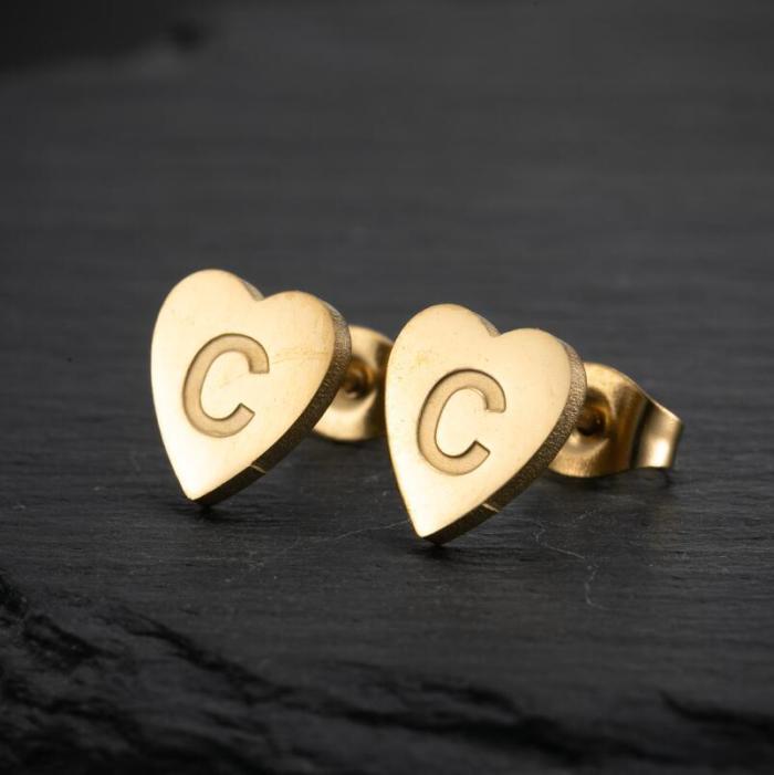 Vintage Earrings Fashion Stainless Steel New Geometric Simple Heart-shaped Stud Earrings 26 English Letters Stud Earrings Wholesale