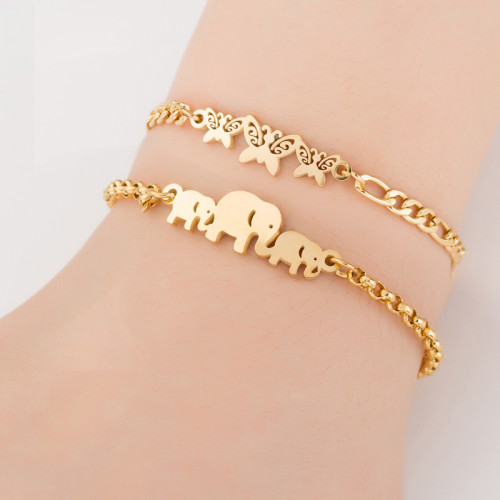 European and American Style Sweet Stainless Steel Three Butterflies Elephant Bracelet Cute Small Animal Jewelry New Gift for Women