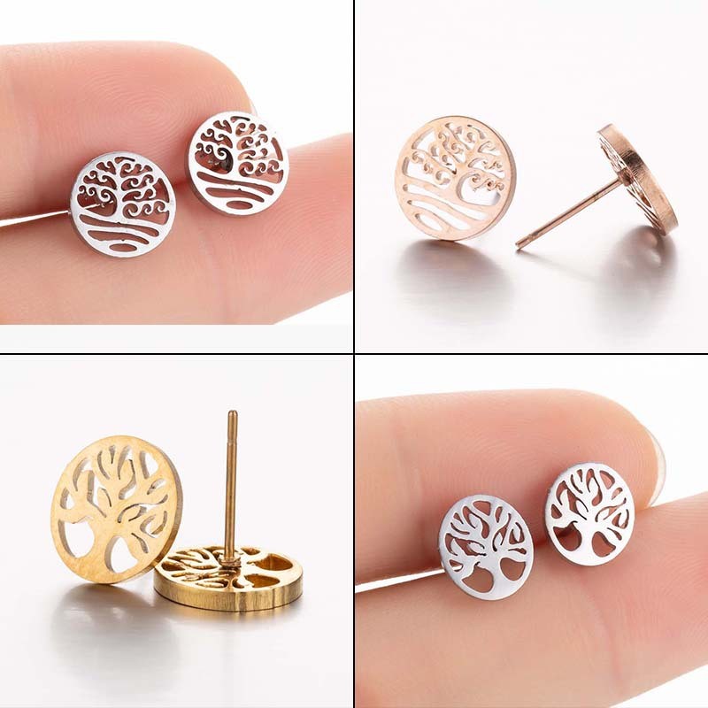 INS Earrings Korean Niche Design Simple Stainless Steel Plant Life Tree Ear Bone Stud Cross-Border Hollow Earrings
