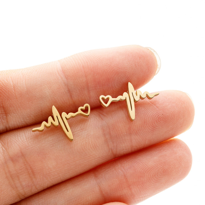 Foreign Trade New Valentine's Day Heart-Shaped Heartbeat Lightning Pattern Earrings Stainless Steel Cut Earrings in S...
