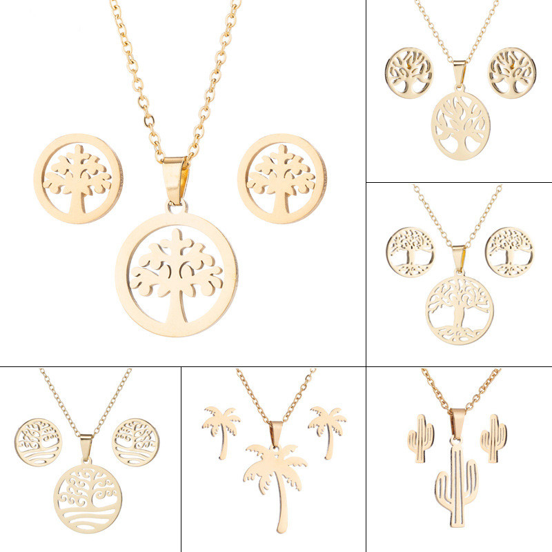 Spring and Summer New Women's European and American Style Plant Set Tree of Life Necklace Earrings Cactus Three-Piece Set In Stock Wholesale