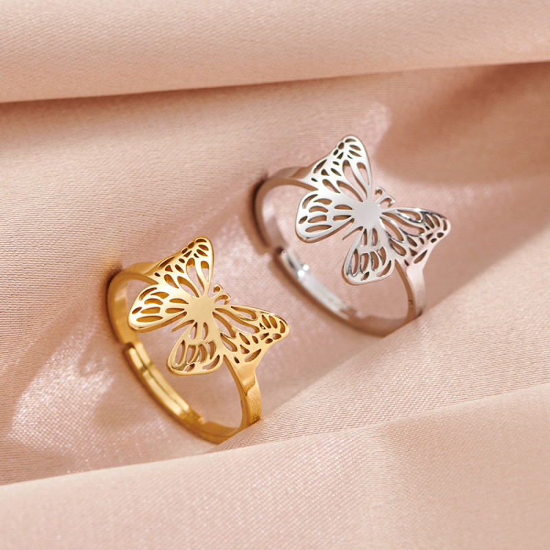 Korean Style New Butterfly Ring for Women Fashionable Light Luxury Niche Design Sense Stainless Steel Hollow Ring Cross-Border Wholesale