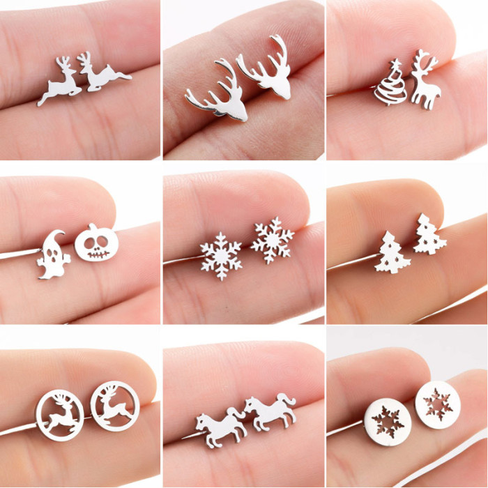 Cute Deer Animal Earrings Small Snowflake Christmas Tree Pumpkin Ghost Children European and American Christmas Ear Jewelry Wholesale