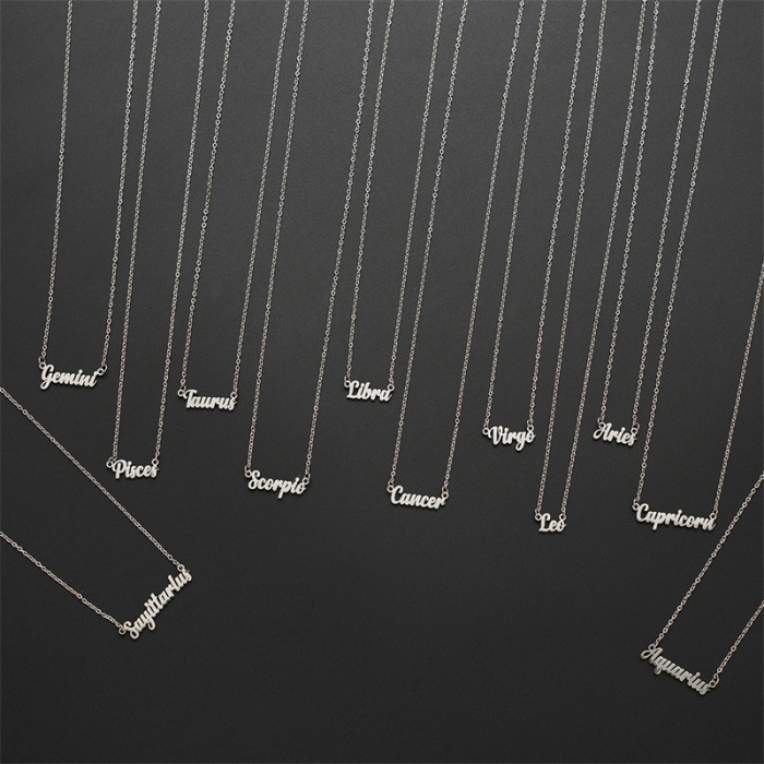 Simple Stainless Steel 12 Zodiac Necklace 18K Versatile Retro English Zodiac Pendant Jewelry Wholesale