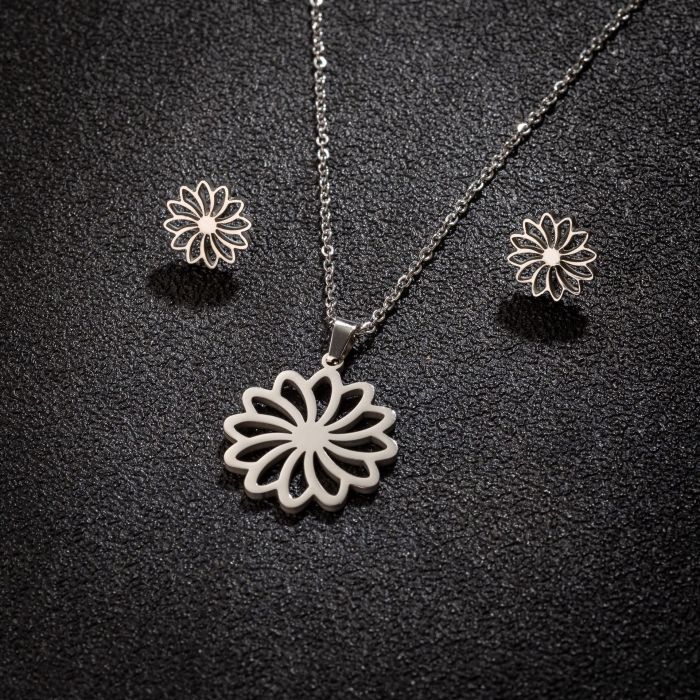 2025 Autumn Winter New Stainless Steel Plant Flower Stamens Palm Leaves Pendant Earrings Three-Piece Set Wholesale
