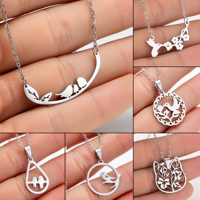 Spring Accessories African Japanese Korean Simple Stainless Steel Pendant New Bird Flower Stamen Leaf Geometric Necklace