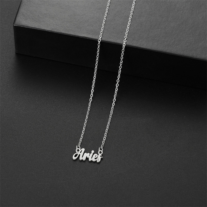 Simple Stainless Steel 12 Zodiac Necklace 18K Versatile Retro English Zodiac Pendant Jewelry Wholesale