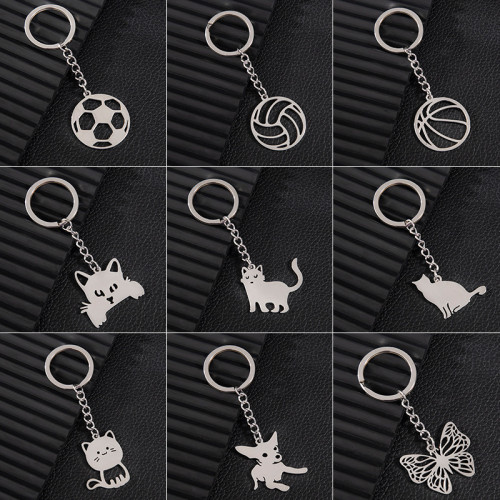 Cross-Border Stainless Steel Keychain Fashion Non-Fading Geometric Round Volleyball Football Pendant Animal Hanging Ornament Wholesale