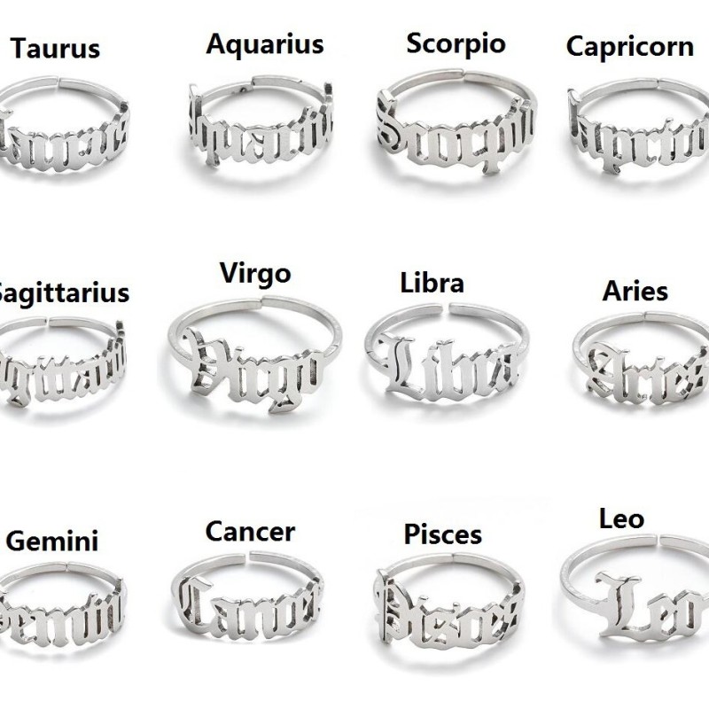 Foreign Trade Cross-Border Couple Zodiac Rings for Women, Korean and Japanese Style Stainless Steel Vintage Twelve Zodiac Simple Open Rings, Ins Style