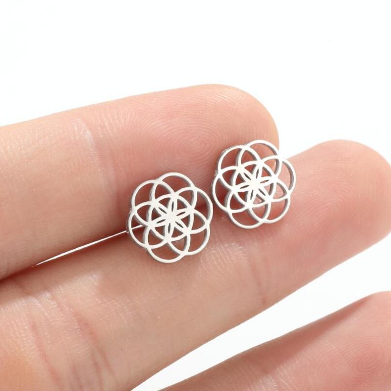 Fresh Korean Style Retro Flower Earrings Ins French Stainless Steel New Rotating Geometric Round Earrings In Stock