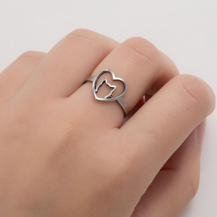 Korean Style Women's Elegant New Hollow Geometric Heart-Shaped Ring Simple Cute Pet Cat Ring Wholesale