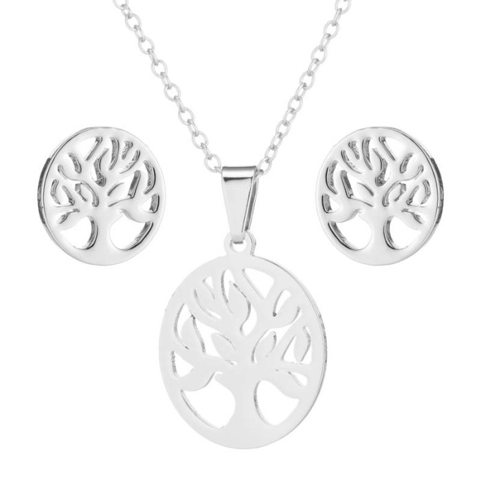 Spring and Summer New Women's European and American Style Plant Set Tree of Life Necklace Earrings Cactus Three-Piece Set In Stock Wholesale