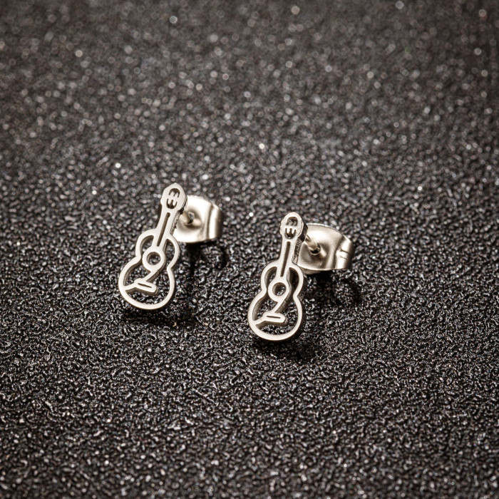 INS Style 18K Gold Plated Violin Hollow Earrings Music Series Stainless Steel Guitar Mini Earrings Wholesale