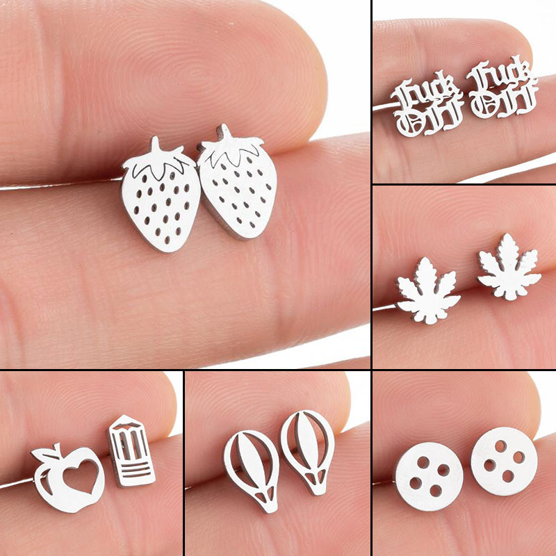 Korean and Japanese Style Stainless Steel Simple Personality Fruit Small Earrings Fashion Simple Strawberry Apple Asymmetric Ear Bone Studs