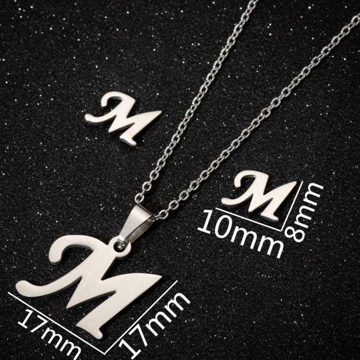 Stainless Steel 26 Letter Pendant Necklace Set European and American New Style Earrings Women's Letter Necklace Niche Accessories Wholesale