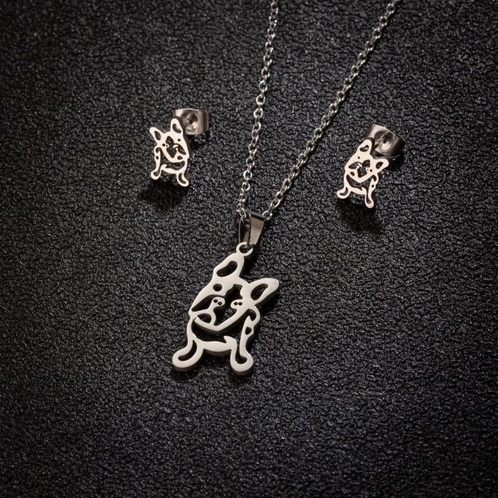 Stainless Steel Jewelry Three-Piece Set Animal Pug Chihuahua Gecko Bird Necklace Earrings Set, Jewelry Sets