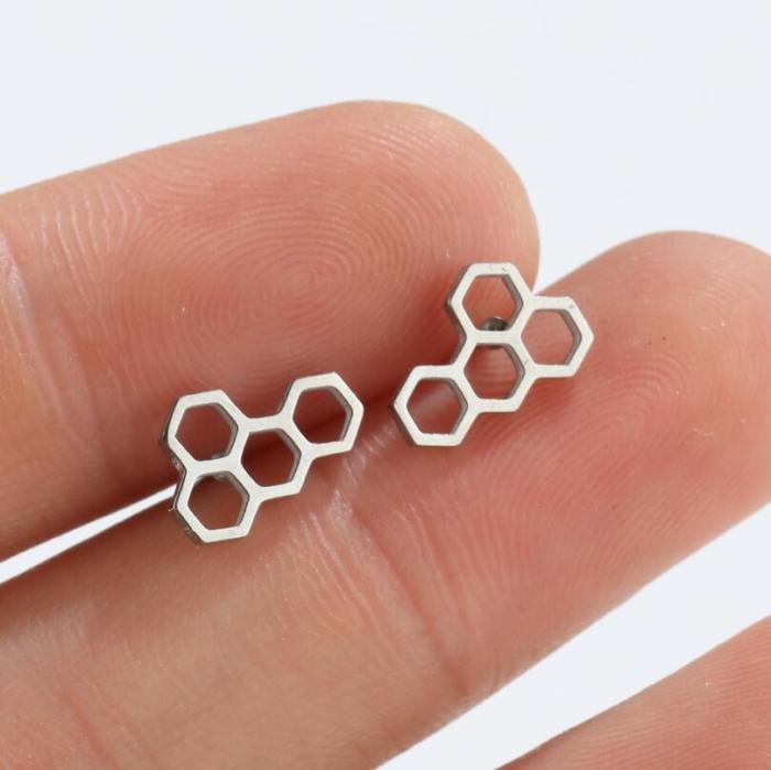 Ins Style Fashion New Stainless Steel Hollow Geometric Simple Earrings Personality Molecular Symbol Stud Earrings