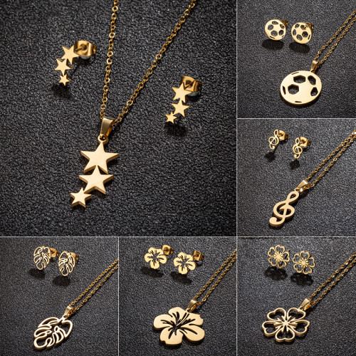 2025 Autumn Winter New Stainless Steel Plant Flower Stamens Palm Leaves Pendant Earrings Three-Piece Set Wholesale