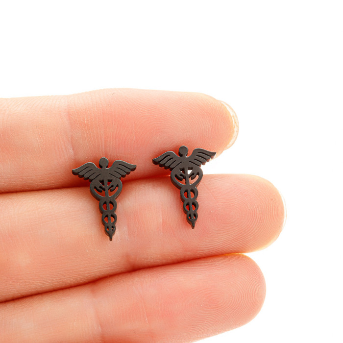 Vintage Stainless Steel Snake Staff Wing Earrings Fashion Medical Symbol Nurse Doctor Pendant Titanium Steel Jewelry Wholesale