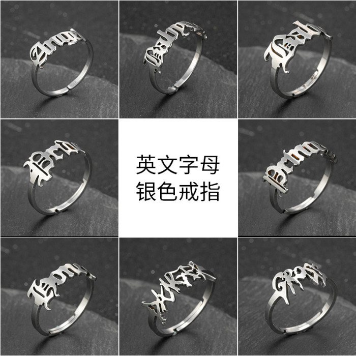 Summer New Fashion Letter Ring for Women, Unique Niche Retro Open Angel Ring, Cross-Border Jewelry Wholesale