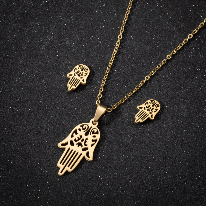Cross-Border European and American Stainless Steel Hamsa Palm Pendant Necklace Versatile Ins Style Stainless Steel Earrings Jewelry Set