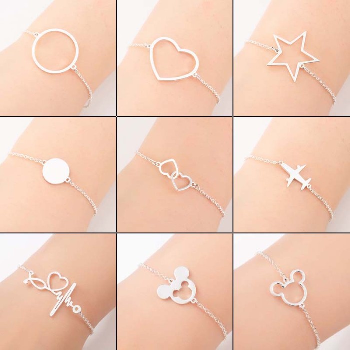 European and American New Style Jewelry Women's Simple Geometric Stainless Steel Hollow Mickey Head Star Double Heart Airplane Bracelet