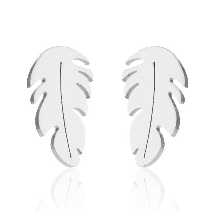 European and American Retro Stainless Steel Small Earrings for Women, Elegant and Simple New Style Steel Color Summer Feather Tree Leaf Earrings