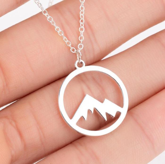 Mountain Peak Forest Style Forest Jewelry Women's Geometric Round Stainless Steel Hollow Mountain Peak Pendant Collar...