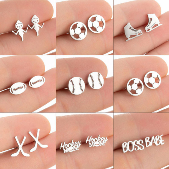 Compact Spring Summer New Stainless Steel Sports Series Earrings Ins Fashion Baseball Football Earrings In Stock Wholesale