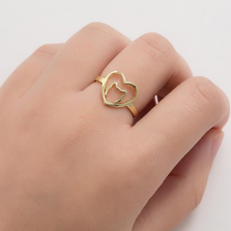 Korean Style Women's Elegant New Hollow Geometric Heart-Shaped Ring Simple Cute Pet Cat Ring Wholesale