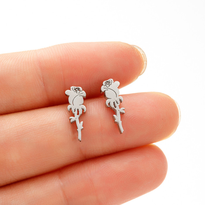 French Style Flower Earrings Ins Hollow Stainless Steel New Rose Flower Maple Leaf Mushroom Earrings Best Friend Ear Jewelry