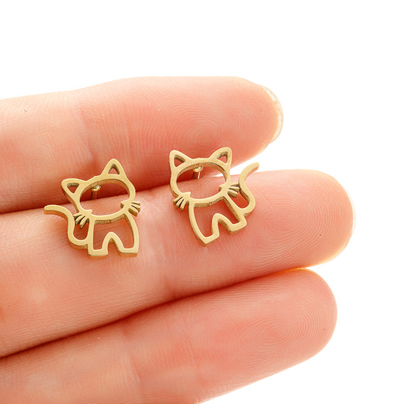 European and American Cross-Border Jewelry Stainless Steel Simple Women's Cartoon Cute Small Animal Hollow Pet Cat Earrings Wholesale
