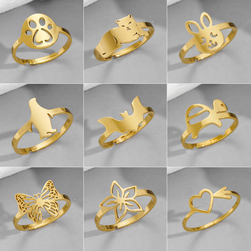 Stainless Steel Ring for Women, Niche Light Luxury Cute Small Animal Turtle Penguin Rabbit Bat Butterfly Open Ring