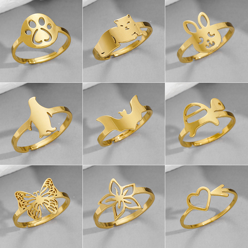 Stainless Steel Ring for Women, Niche Light Luxury Cute Small Animal Turtle Penguin Rabbit Bat Butterfly Open Ring