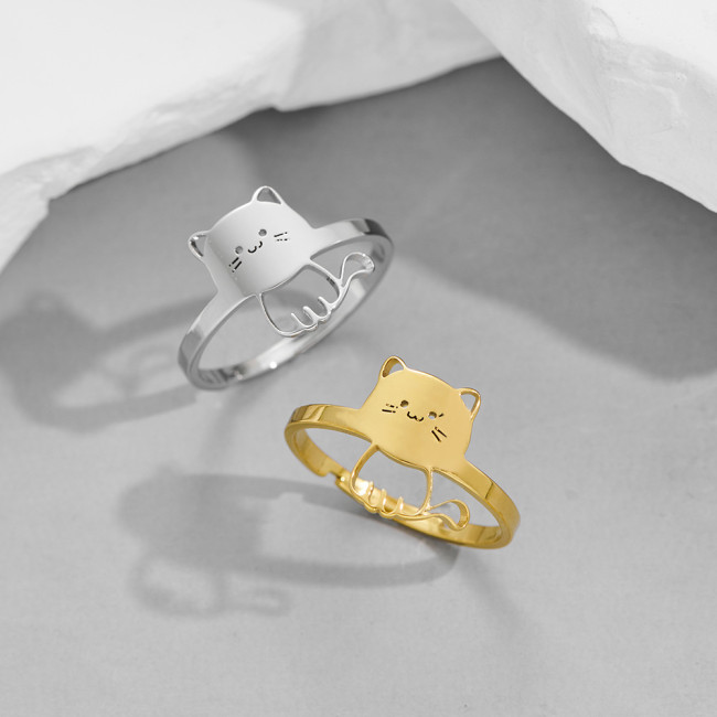 Japanese Style Fashion Personality Adjustable Open Ring Stainless Steel Cute Cat Women's Jewelry Cross-Border In Stock Wholesale
