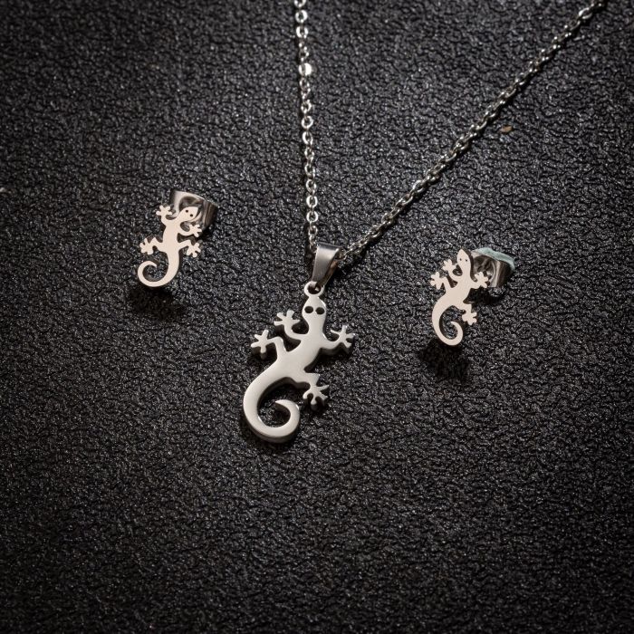 Stainless Steel Jewelry Three-Piece Set Animal Pug Chihuahua Gecko Bird Necklace Earrings Set, Jewelry Sets