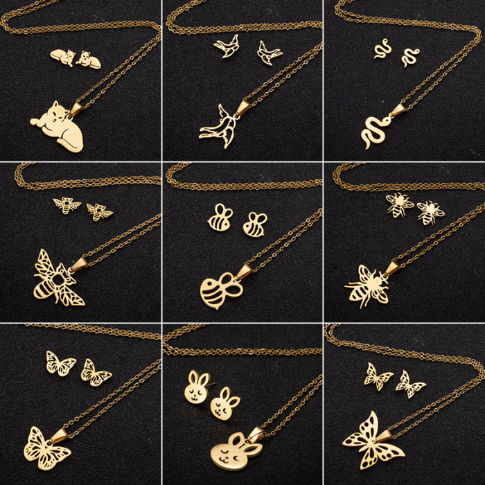 Foreign Trade Stainless Steel New Jewelry Set for Women Cute Snake Bee Butterfly Necklace Earrings Three-Piece Jewelry Set Wholesale