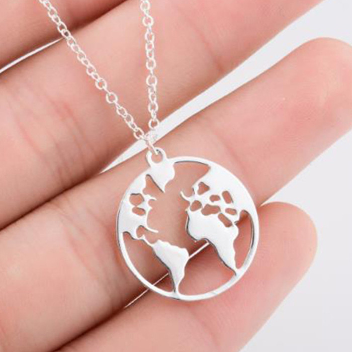 Simple Stainless Steel World Map Necklace Pendant New Couple Necklace Niche Design Jewelry Accessories