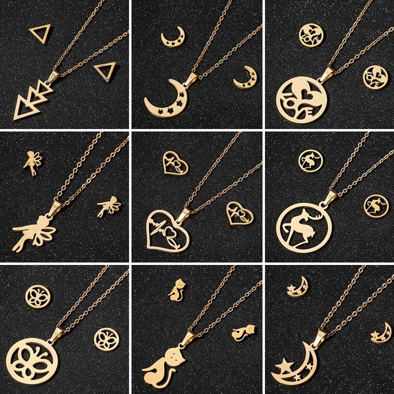 New Stainless Steel Geometric Earrings European and American Fashion Heart Star Moon Small Animal Galloping Horse Collarbone Chain Set