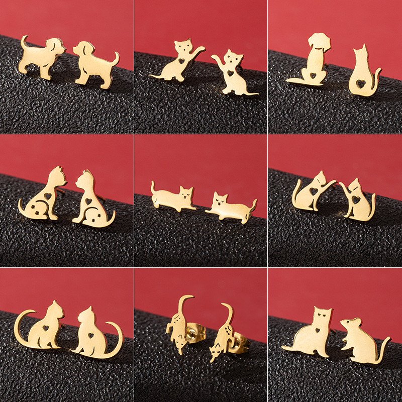 New Cross-Border Simple Cute Asymmetric Cat Puppy Earrings Ins Personality Hollow Heart-Shaped Earrings Wholesale