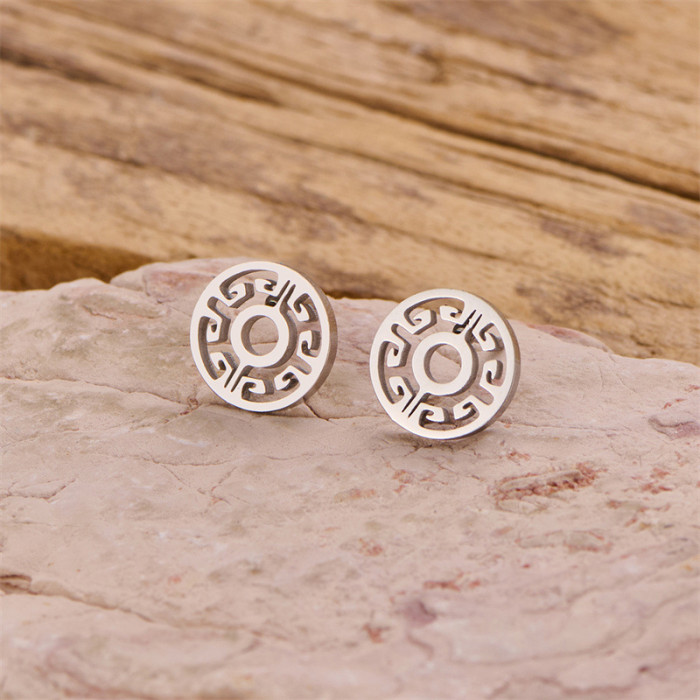 2025 New Retro Copper Coin Earrings INS New Chinese Style Stainless Steel Cut Pattern Geometric Round Earrings In Stock