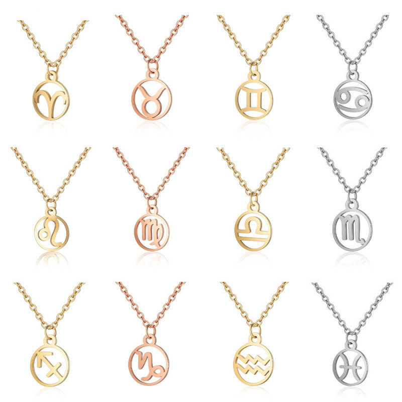 Cross-Border New Product Japanese and Korean Version Fashion Zodiac Pendant Necklace for Women Geometric Round Collarbone Chain In Stock Wholesale