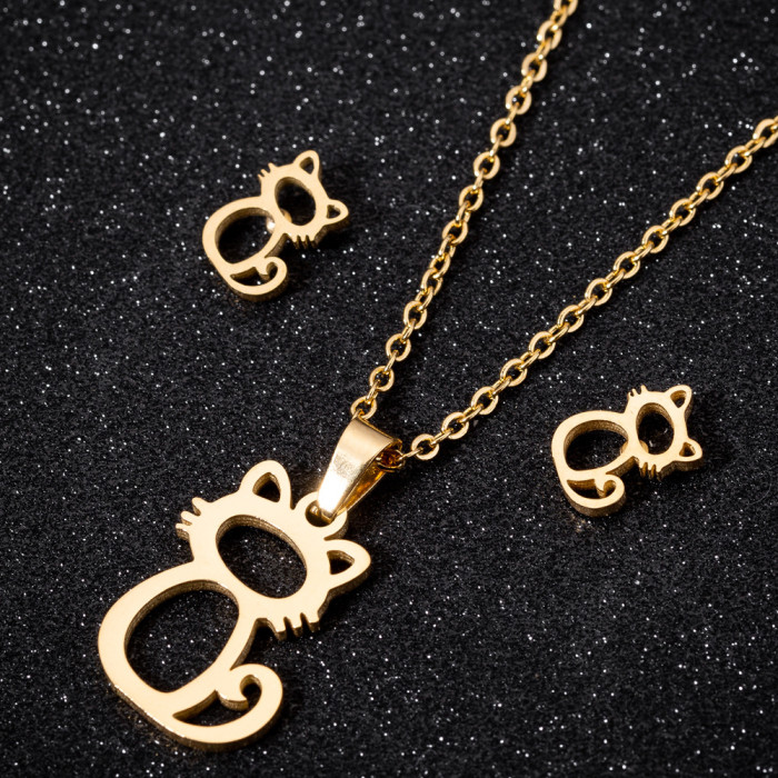 Korean fashion casual Hollow Cat Stud Earrings for Women Cute Small Animal Series Stud Earrings Necklace Set Wholesale