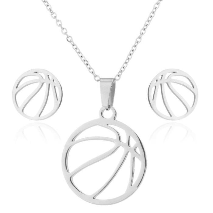 Style Fashion Simple Football Volleyball Feather Flower Animal Pendant Stainless Steel Earrings Necklace Three-Piece...