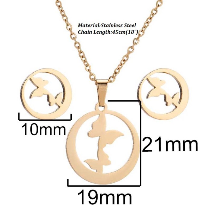 European and American Cross-Border New Rabbit Origami Crane Pendant Necklace Earrings Jewelry Set Vintage 18K Gold Plated Wholesale